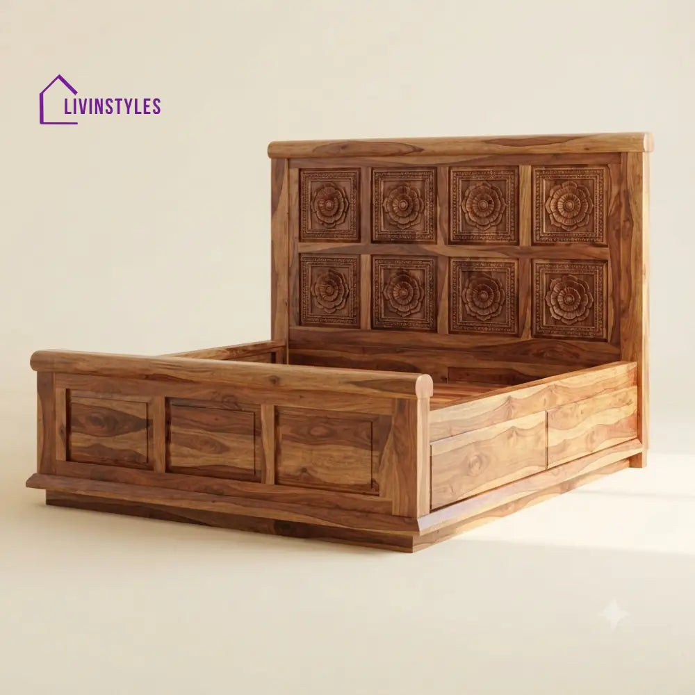 Nila Sri Sheesham Wood Bed With Box Storage | Wooden Bed