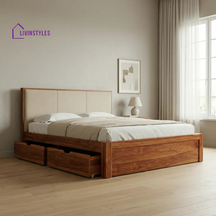 Nina Premium Sheesham Wood Bed with Fabric Headboard