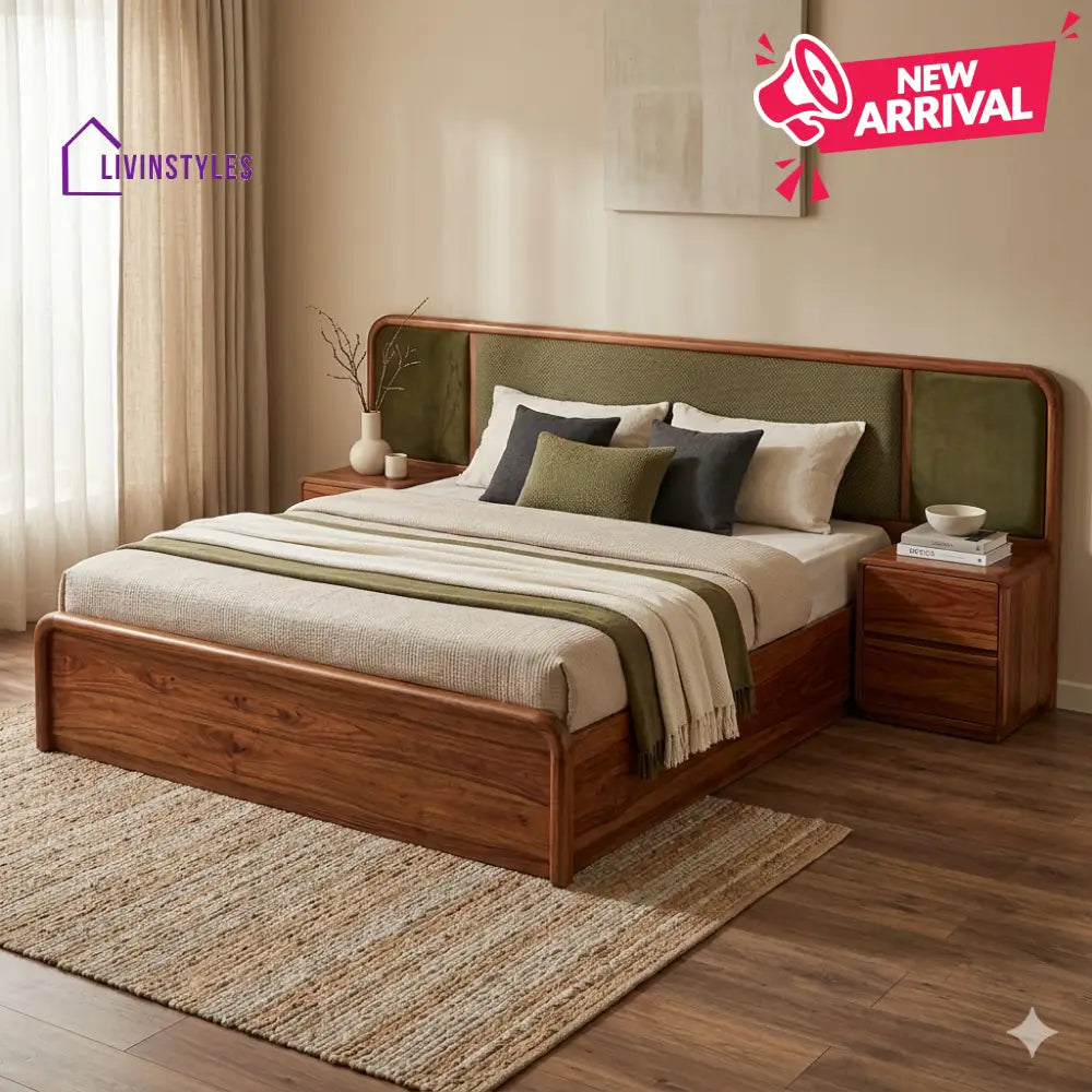 Nina Premium Sheesham Wood Bed with Velvet Headboard