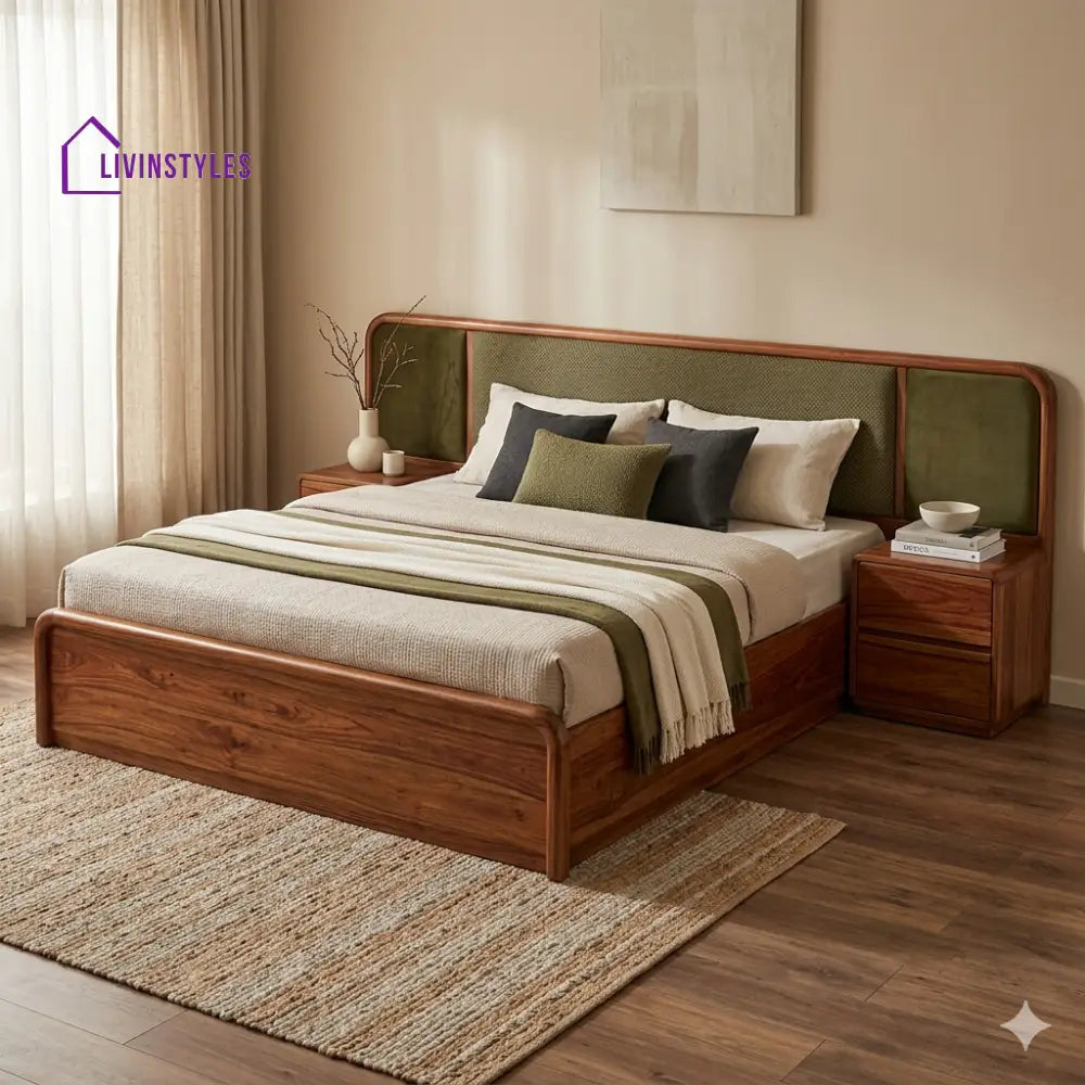 Nina Premium Sheesham Wood Bed with Velvet Headboard