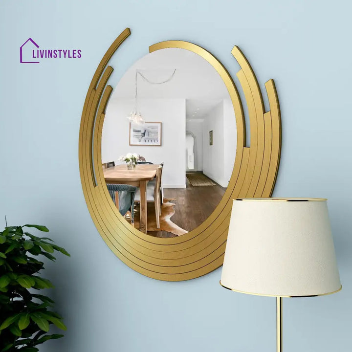 Nini Beautiful Decorative Wooden Wall Mirror Round Shape with Golden Finish Frame Wall Mirror