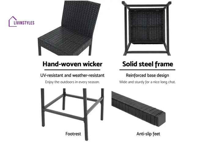Nino Outdoor Patio Bar Chair 2 Chairs For Balcony (Black) - Bar Sets