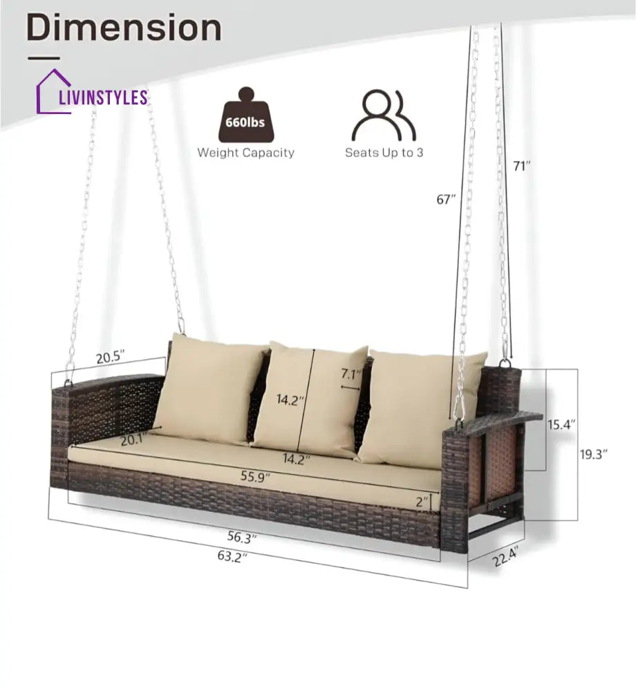Nioga Three Seater Hanging Swing Without Stand For Balcony Garden Swing (Brown) - Swings