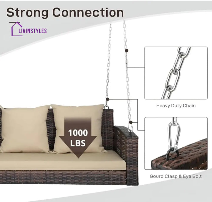 Nioga Three Seater Hanging Swing Without Stand For Balcony Garden Swing (Brown) - Swings