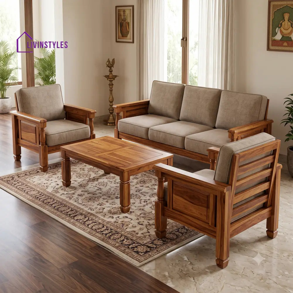 Niranjana Wooden Sofa Set | 3 + 1 + 1 Sheesham Wood Sofa Set for Living Room