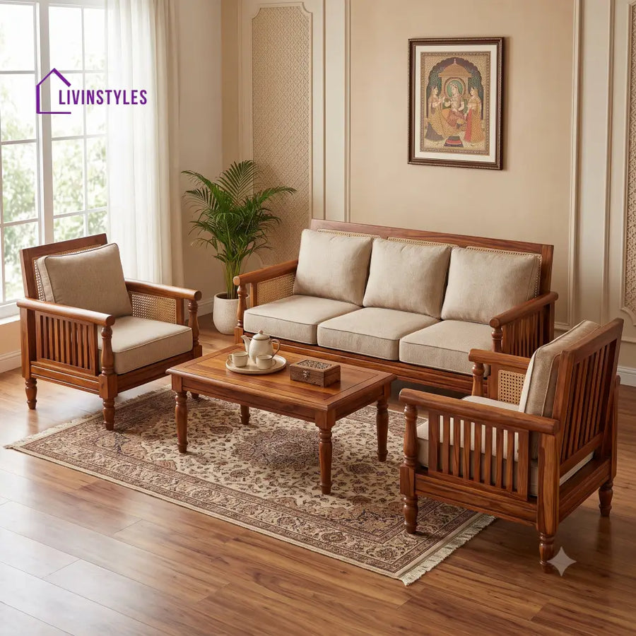 Nirmala Wooden Sofa Set | 3 + 1 + 1 Sheesham Wood Sofa Set for Living Room