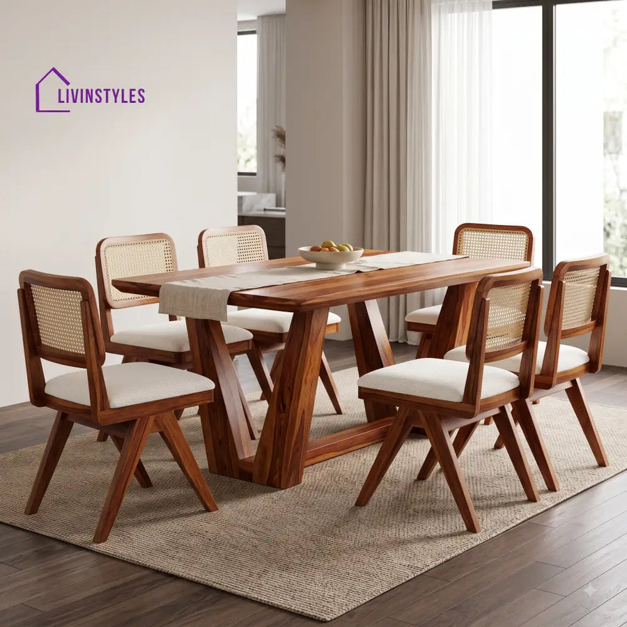 Nisha Premium Wooden 6 Seater Dining Table Set