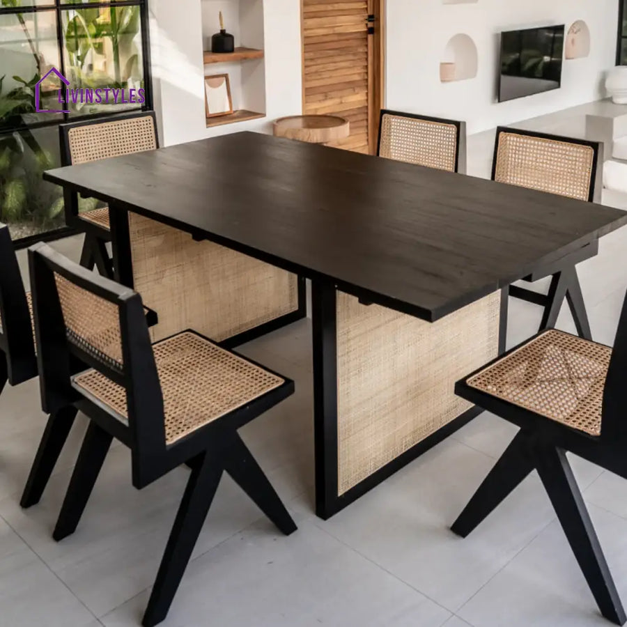 Nishka 6 Seater Rattan Dining Table Teak wood Black Finsh