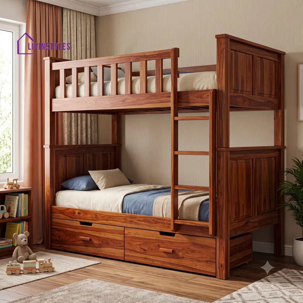 Nithin Sheesham Wood Bunk Bed With Storage | Kids Bed