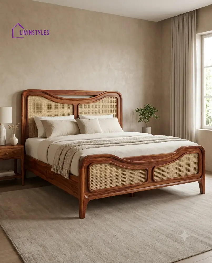 Nithin Wooden Bed with Cane Weaving Headboard Design | Bed without Storage