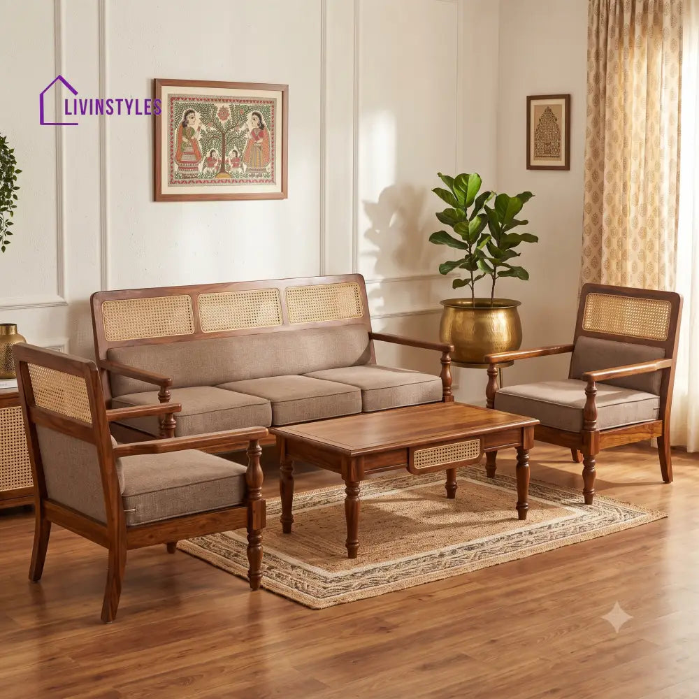 Nithya Wooden Sofa Set | 3 + 1 + 1 Sheesham Wood Sofa Set for Living Room