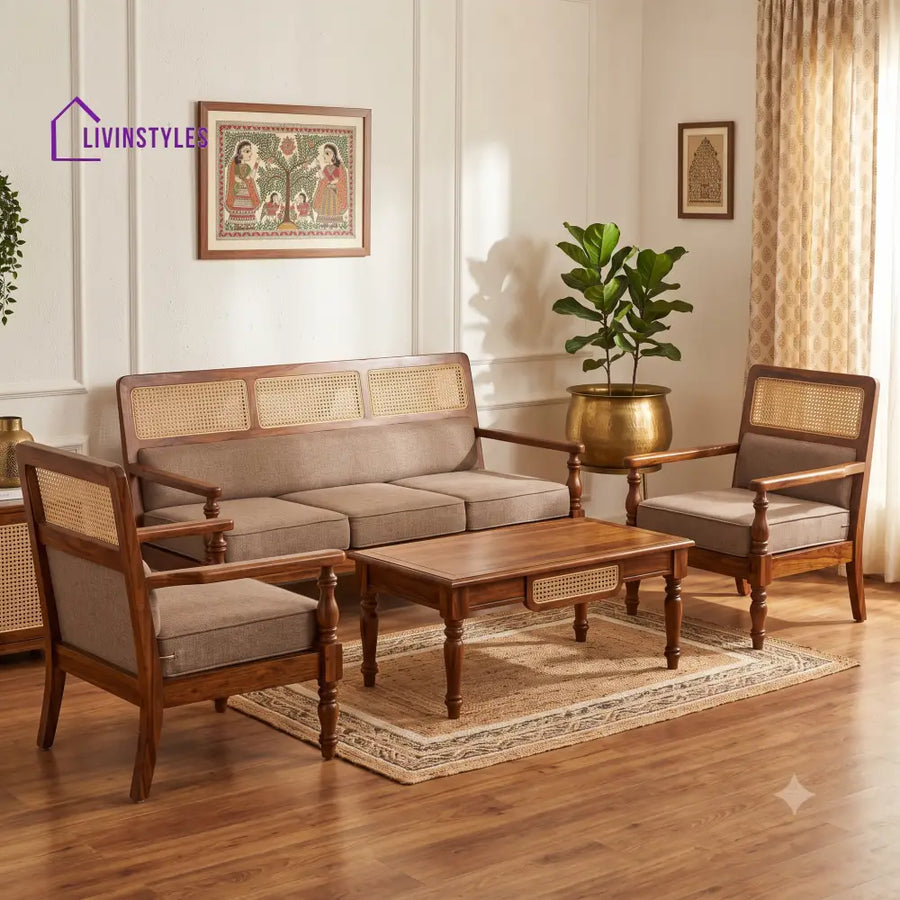 Nithya Wooden Sofa Set | 3 + 1 + 1 Sheesham Wood Sofa Set for Living Room