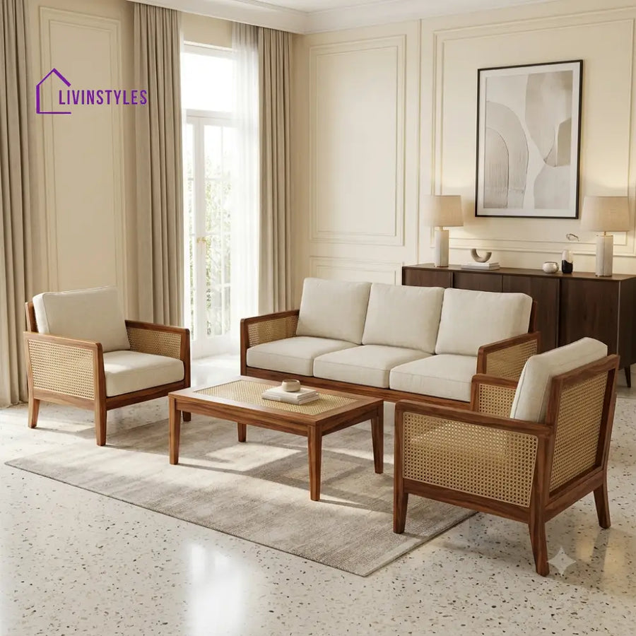 Nivetha Wooden Sofa Set | 3 + 1 + 1 Sheesham Wood Sofa Set for Living Room