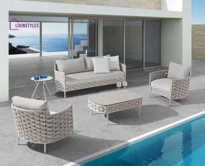 Nivio Outdoor Garden Balcony Sofa Set 2 Seater 2 Single seater and 1 Center Table Set Braid & Rope(White + Cream)