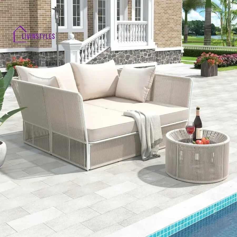 Njeri Outdoor Rope 2 Seater Patio Daybed With Side Table - Daybed