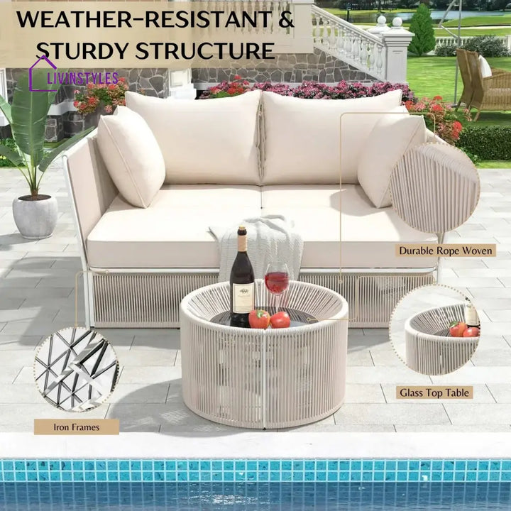Njeri Outdoor Rope 2 Seater Patio Daybed With Side Table - Daybed