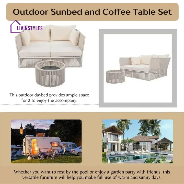 Njeri Outdoor Rope 2 Seater Patio Daybed With Side Table - Daybed