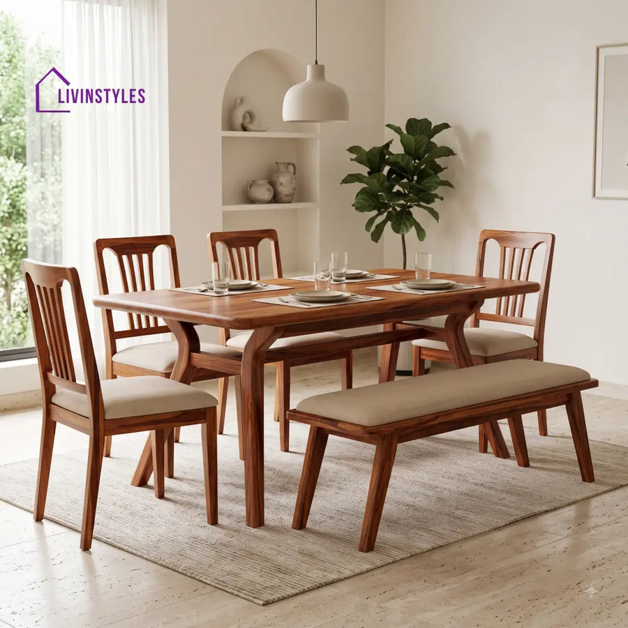 Nneka Wooden 6 Seater Dining Table Set | 4 Chairs and 1 Bench | Table 72 X 36 X 30 Inch
