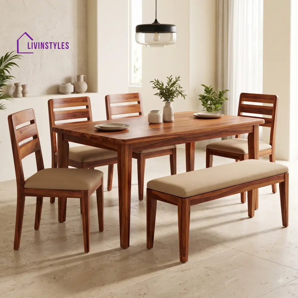 Nnenna Wooden 6 Seater Dining Table Set | 4 Chairs and 1 Bench | Table 72 X 36 X 30 Inch
