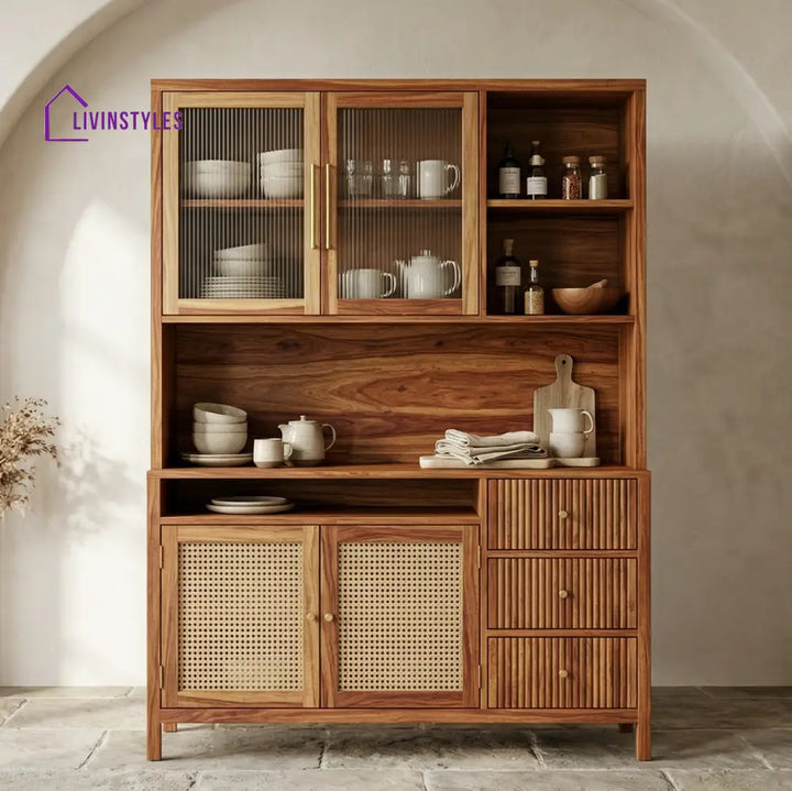 Noah Classic Kitchen Cabinet with Glass Cane Weave (Honey Finish)
