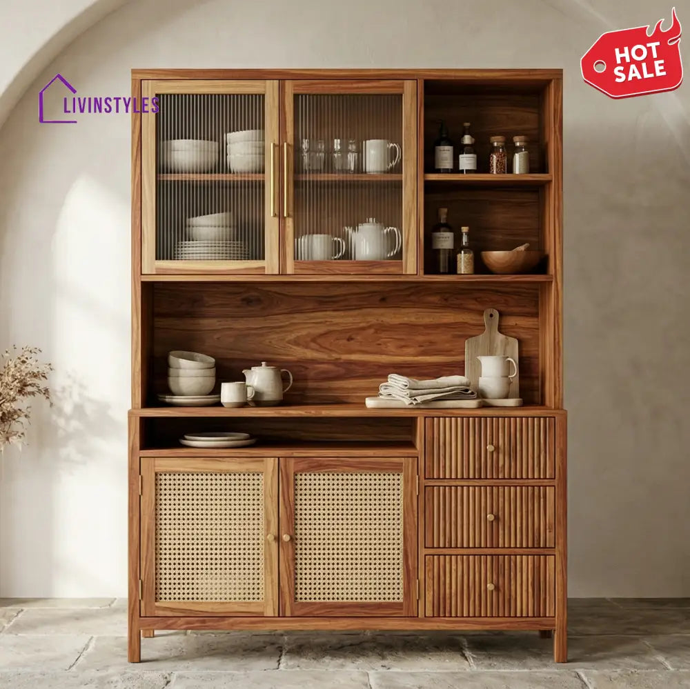 Noah Classic Kitchen Cabinet with Glass Cane Weave (Honey Finish)