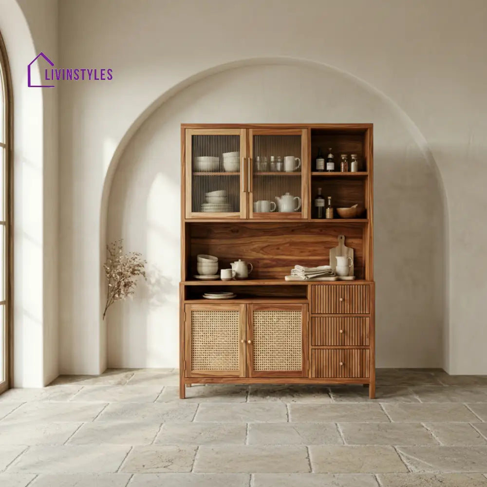 Noah Classic Kitchen Cabinet with Glass Cane Weave (Honey Finish)