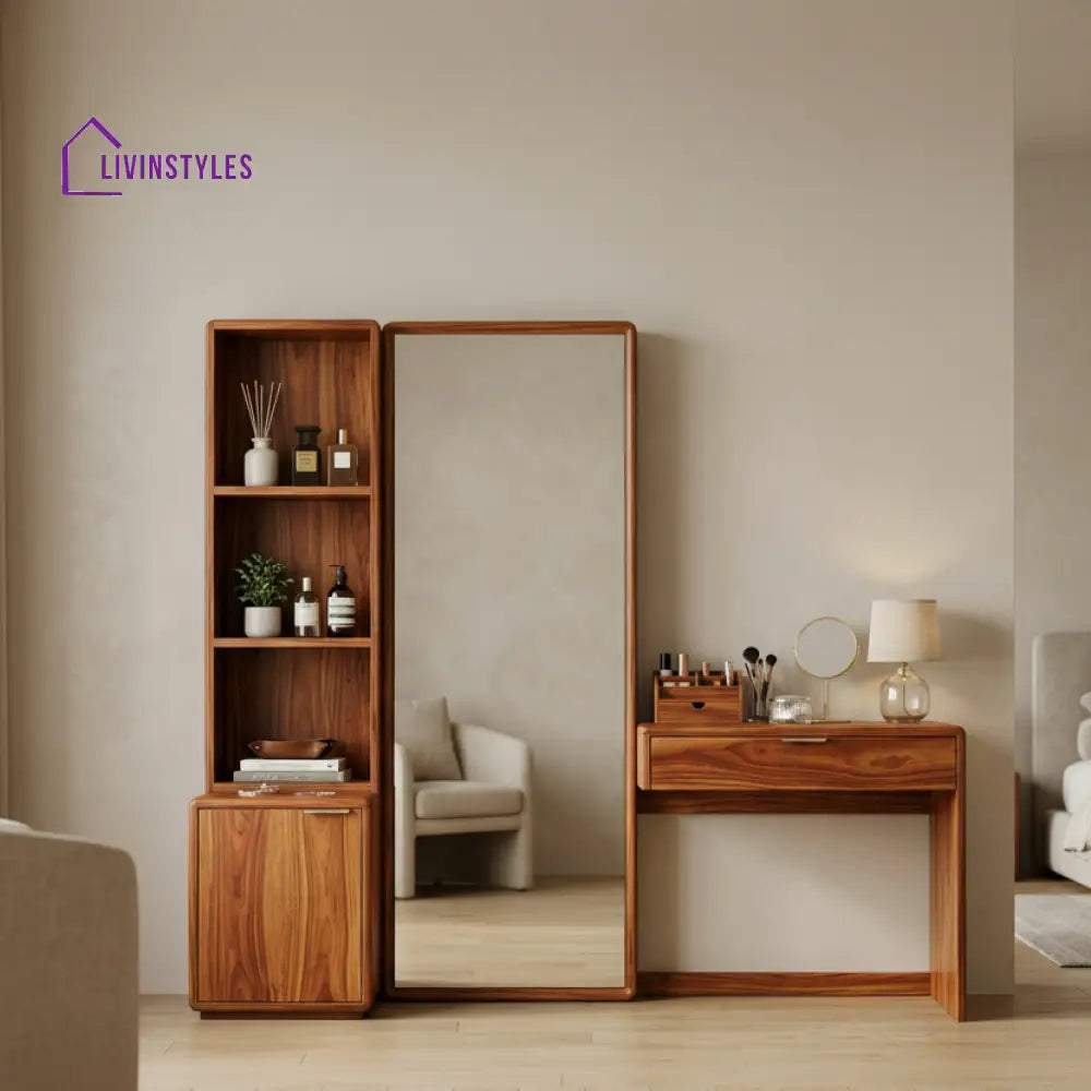Noah Sheesham Wood Dressing Table with Mirror and Storage (Honey Finish)