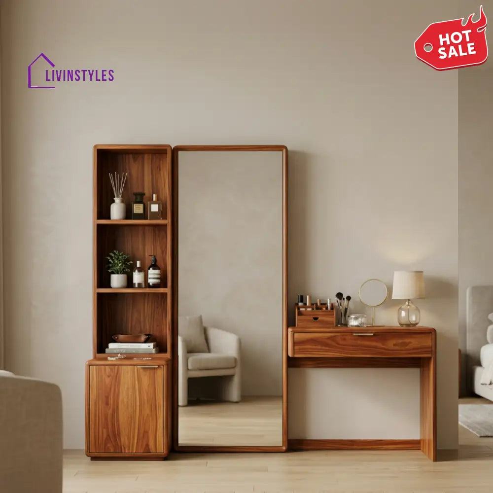 Noah Sheesham Wood Dressing Table with Mirror and Storage (Honey Finish)