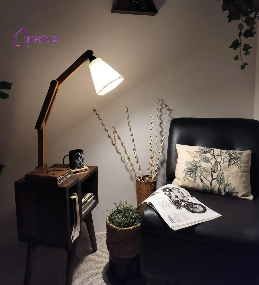 Noel Wooden Floor Lamp With Brown Base And Jute Fabric Lampshade Lamps