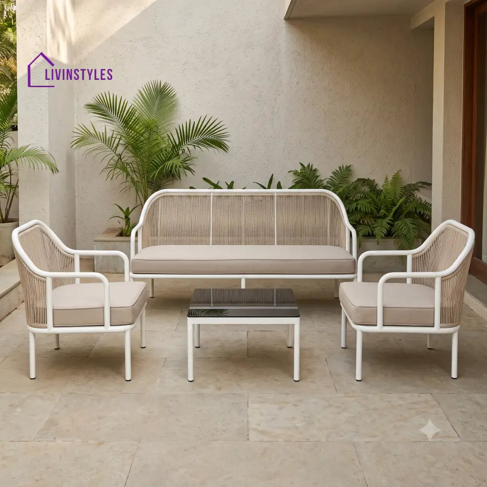 Noeline Metal Frame and Rope Weaving Outdoor Sofa Set 3 + 1 +1 and Coffee Table | Premium Uphostery