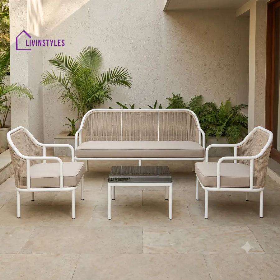 Noeline Metal Frame and Rope Weaving Outdoor Sofa Set 3 + 1 +1 and Coffee Table | Premium Uphostery