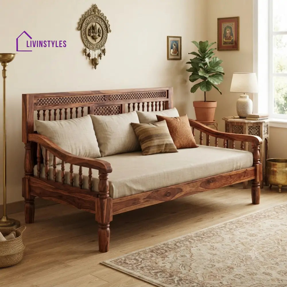 Noémie Wooden Divan Bed for Living Room | Solid Sheesham Wood