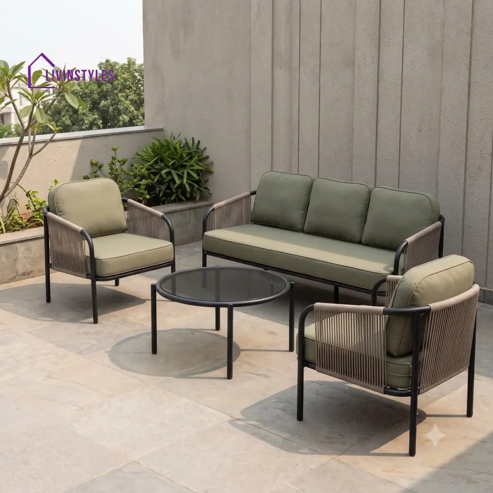 Nolwenn Metal Frame and Rope Weaving Outdoor Sofa Set 3 + 1 +1 and Coffee Table | Premium Uphostery