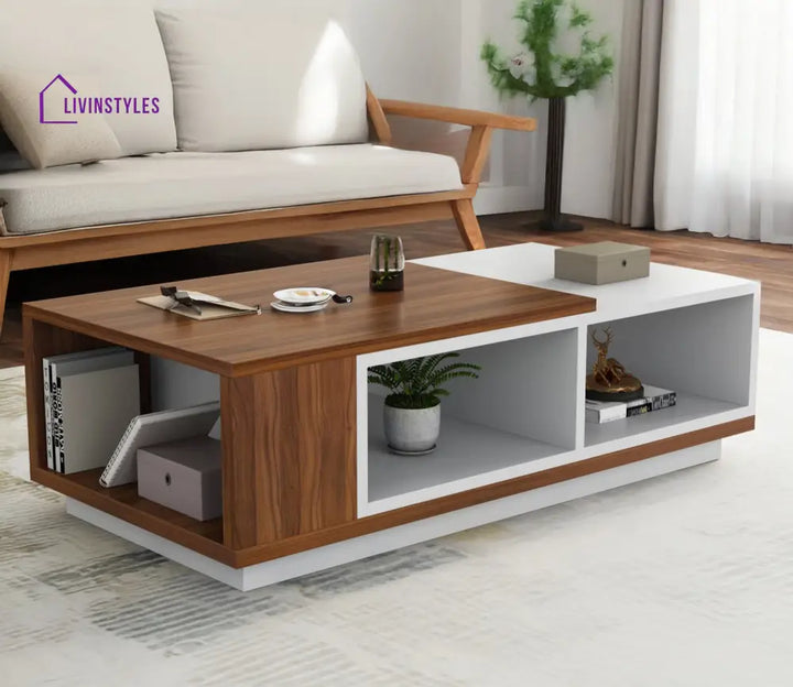 Noor Wooden and White Finish Coffee Table with Storage | Rectangle Shaped