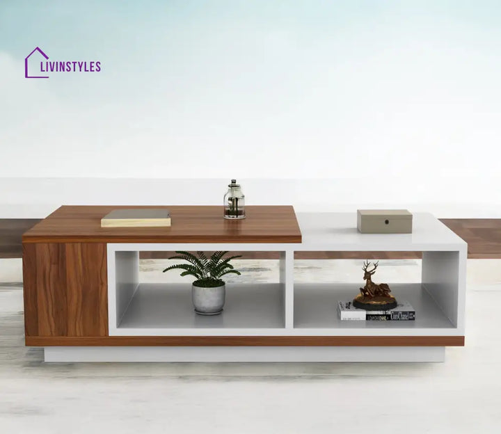 Noor Wooden and White Finish Coffee Table with Storage | Rectangle Shaped