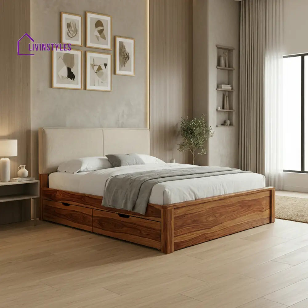Nora Premium Sheesham Wood Bed with Fabric Headboard