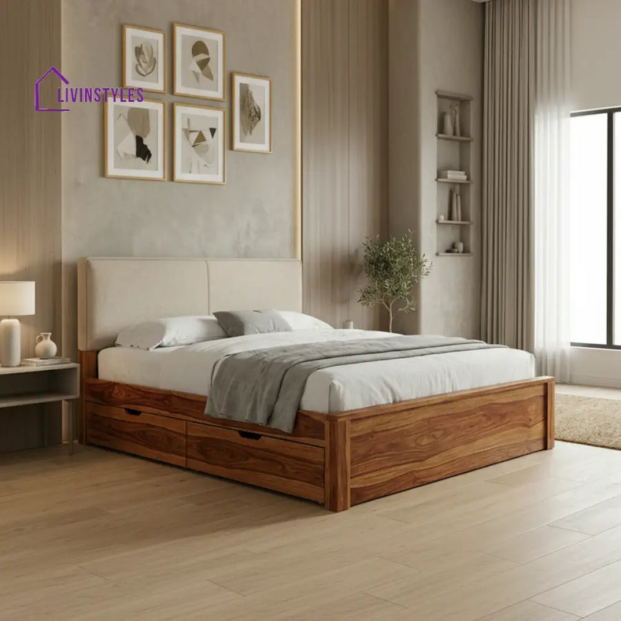 Nora Premium Sheesham Wood Bed with Fabric Headboard