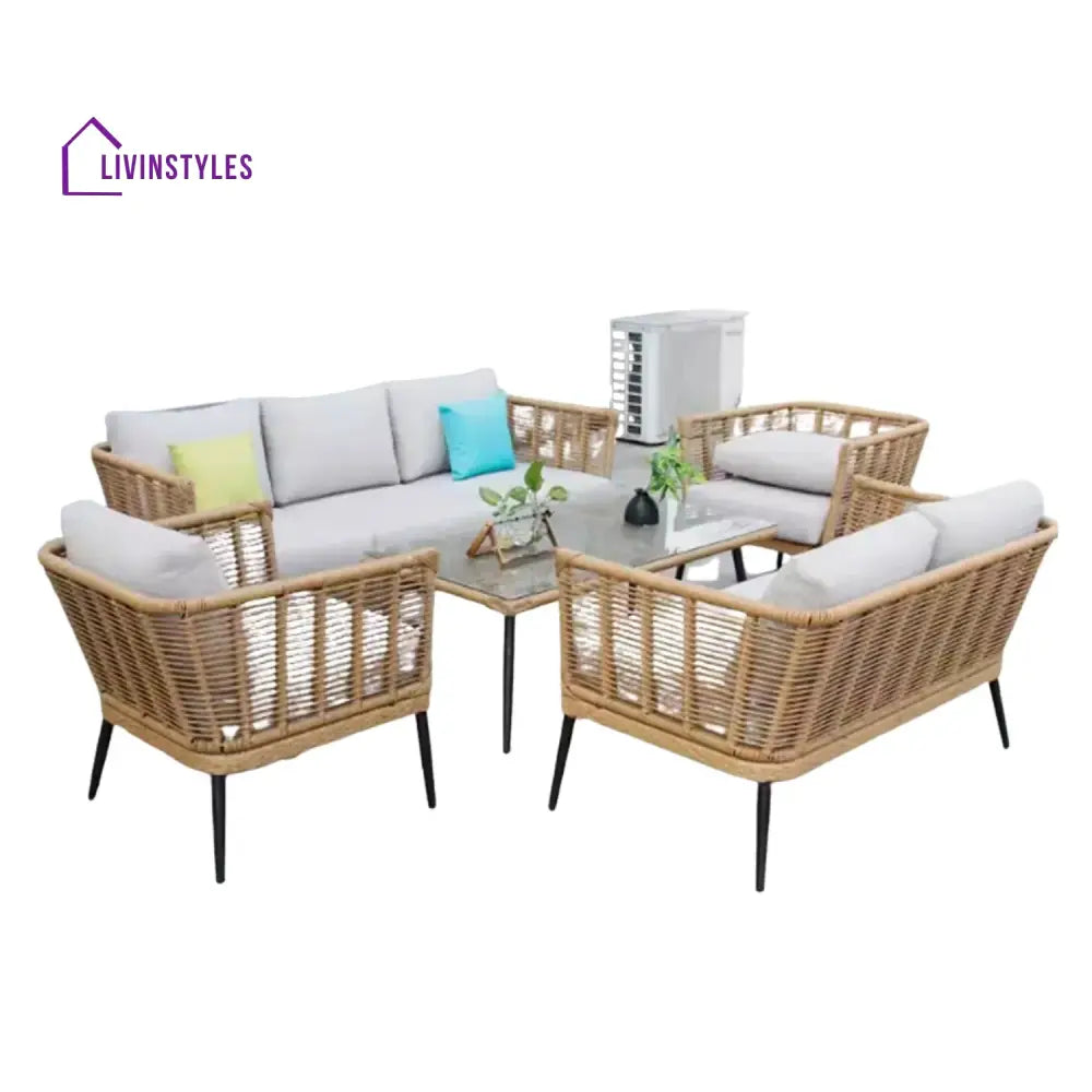 Noura Outdoor Beige Rope 7-Seater Sofa Set With Glass Top Table - Sofa Set
