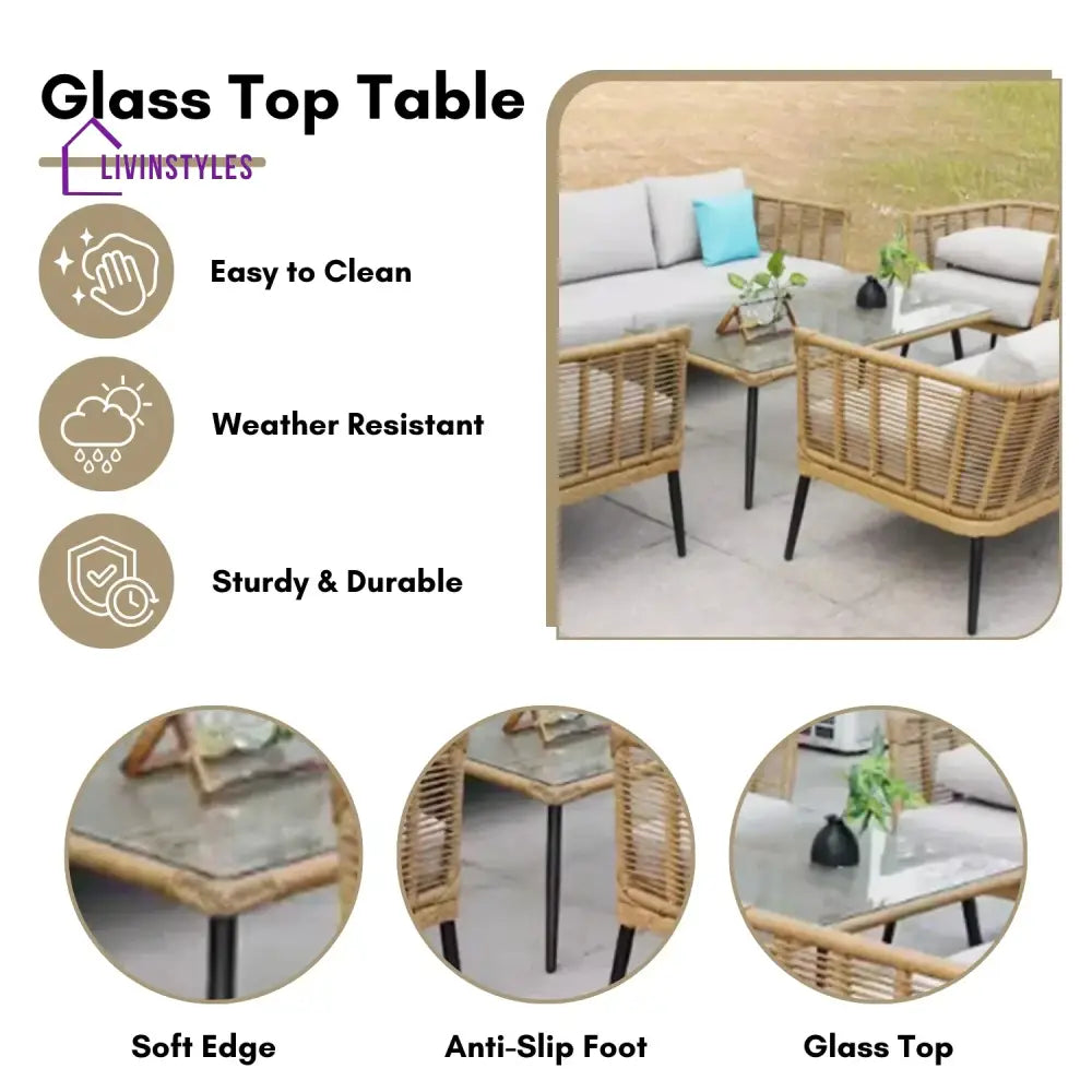Noura Outdoor Beige Rope 7-Seater Sofa Set With Glass Top Table - Sofa Set