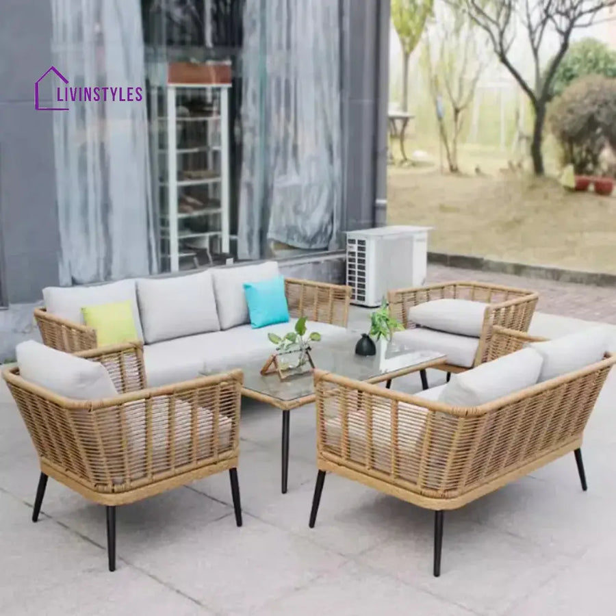 Noura Outdoor Beige Rope 7-Seater Sofa Set With Glass Top Table - Sofa Set