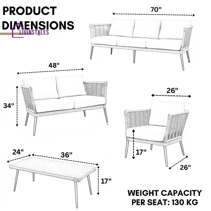 Noura Outdoor Beige Rope 7-Seater Sofa Set With Glass Top Table - Sofa Set
