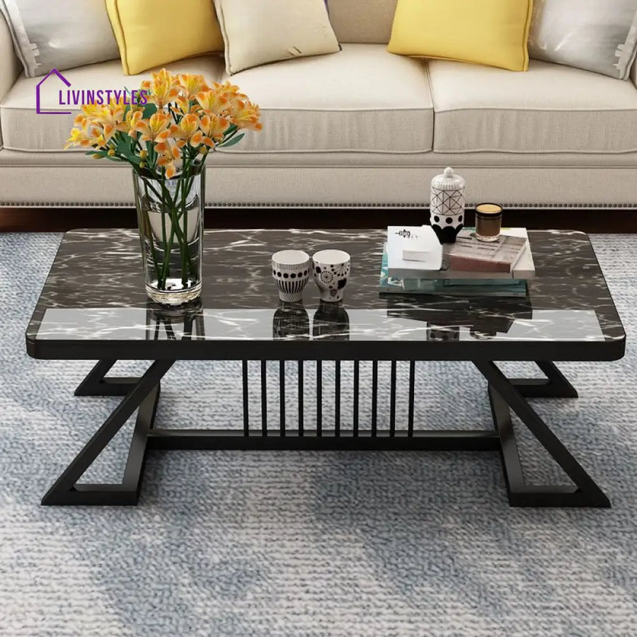 Nova Stainless Steel Coffee Table for Living Room | Black Finish | Composite Ceramic Marble | Rectangle Shape