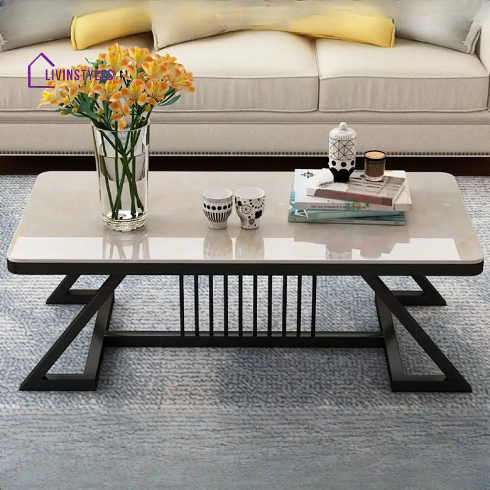 Nova Stainless Steel Coffee Table for Living Room | Black Finish | Composite Ceramic Marble | Rectangle Shape