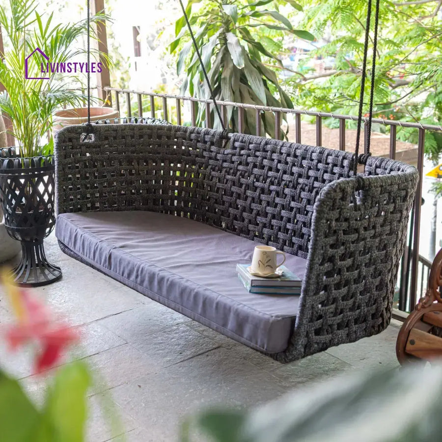 Obando Double Seater Hanging Swing Without Stand For Balcony Garden Swing (Black) Braided & Rope - Swings