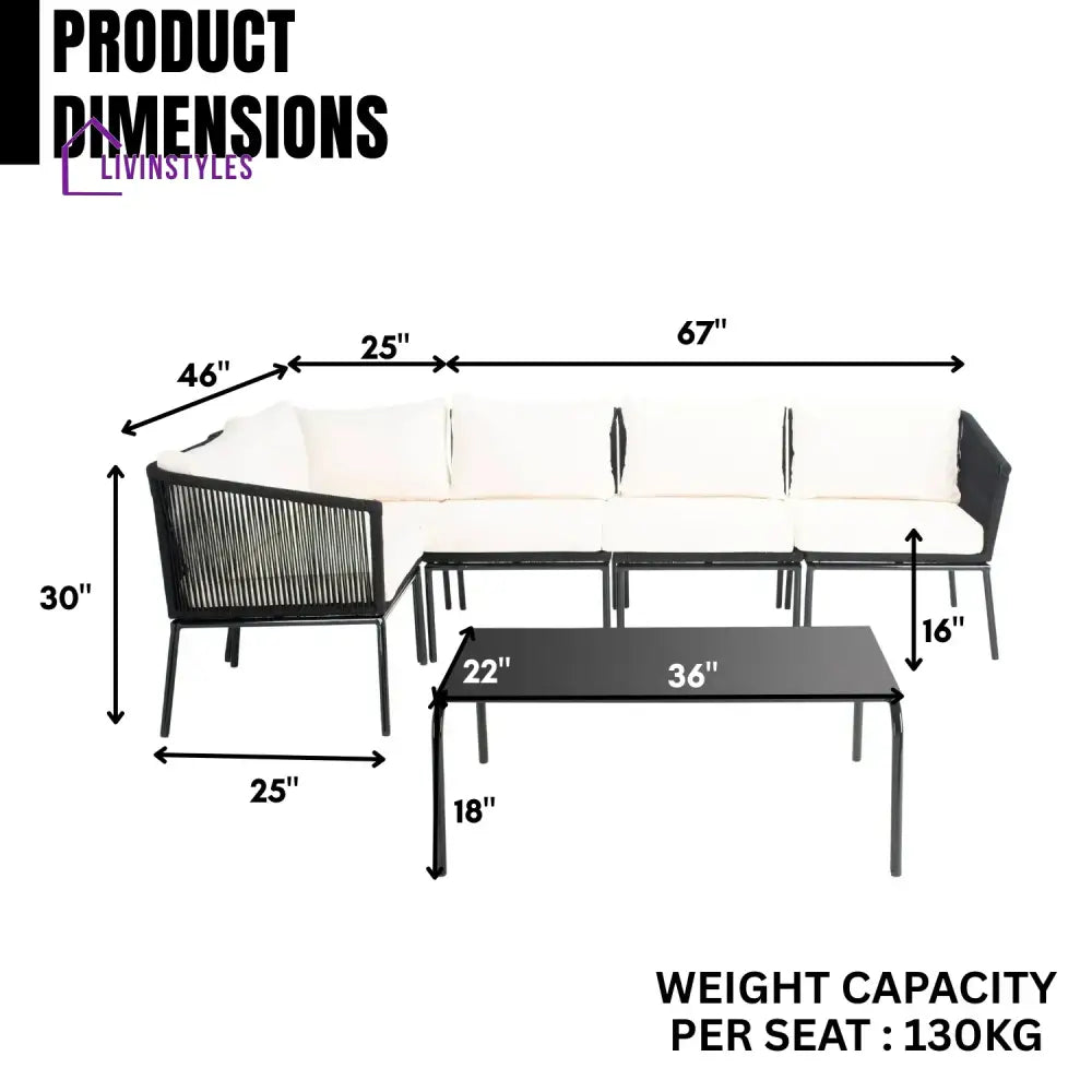 Obeida Outdoor Black Rope L-Shape All Weather Sectional Sofa Set - Sofa Set