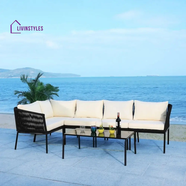 Obeida Outdoor Black Rope L-Shape All Weather Sectional Sofa Set - Sofa Set