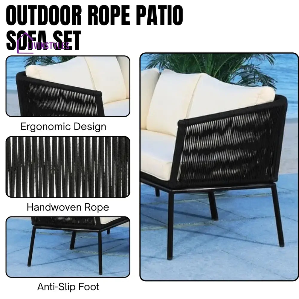 Obeida Outdoor Black Rope L-Shape All Weather Sectional Sofa Set - Sofa Set