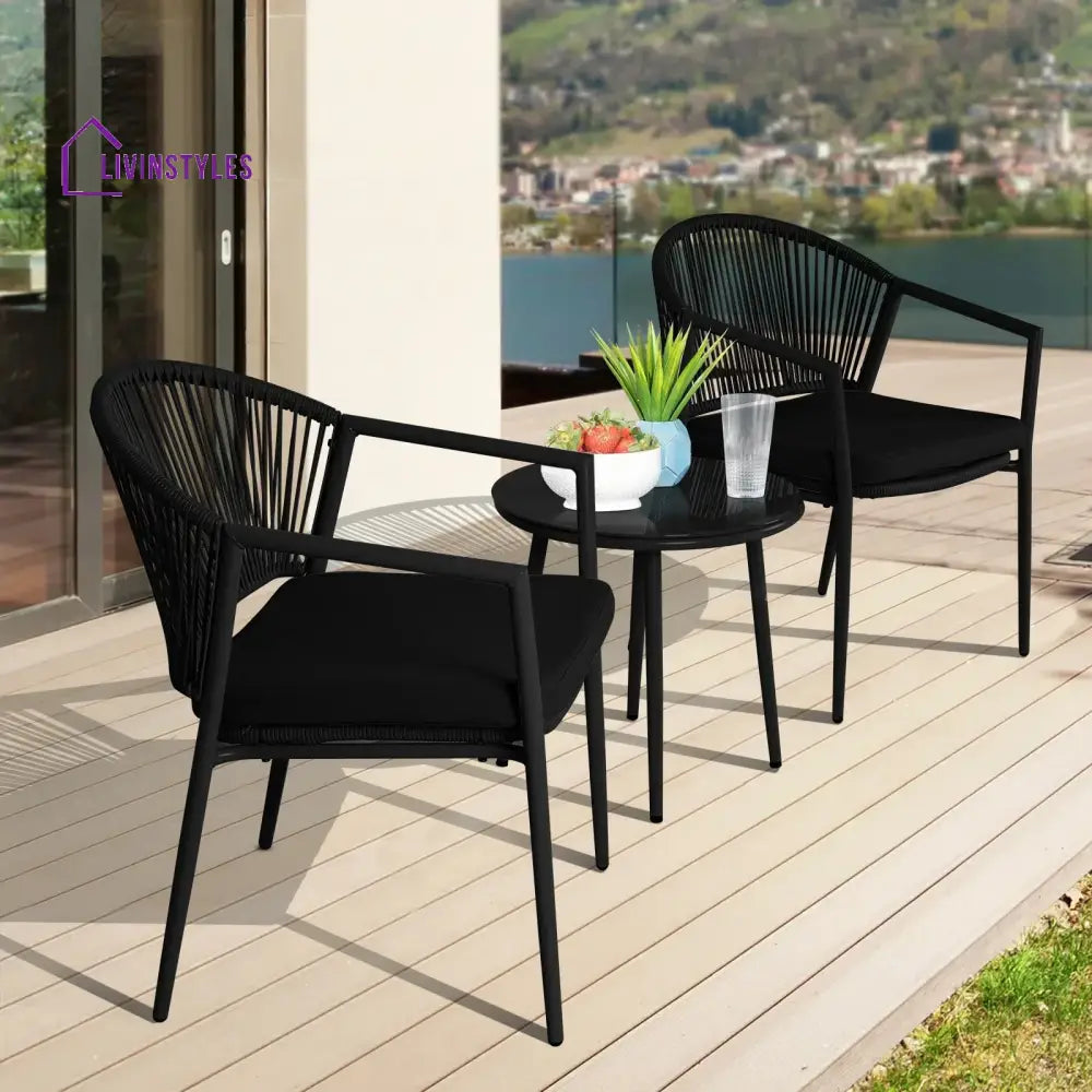 Ocana Outdoor Patio Seating Set 2 Chairs and 1 Table Set Braided And Rope - Black - Coffee Table Sets