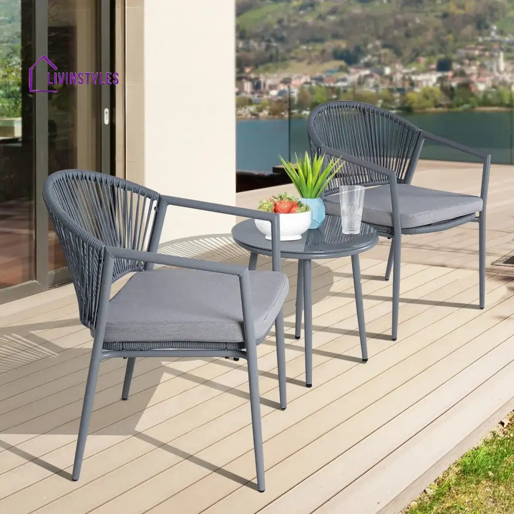Ocana Outdoor Patio Seating Set 2 Chairs and 1 Table Set Braided And Rope - Grey - Coffee Table Sets