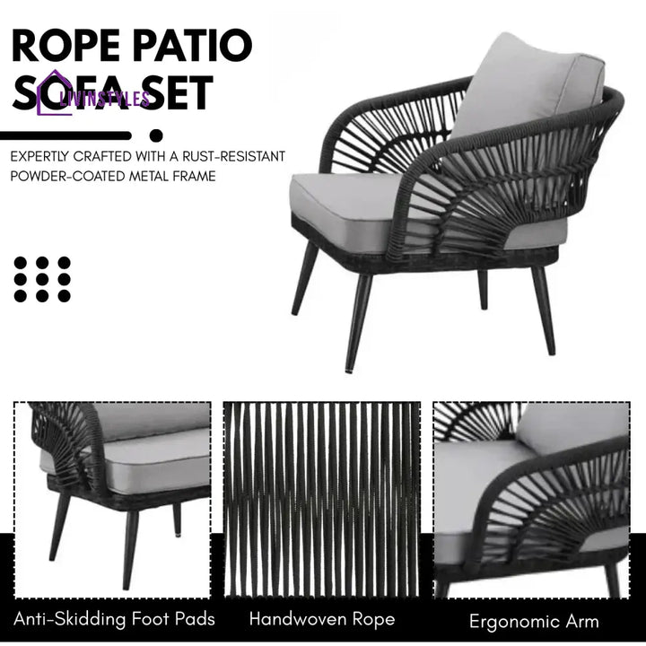 Oceana Outdoor Rope Conversation Patio Sofa Set (Black /Light Grey) - Sofa Set